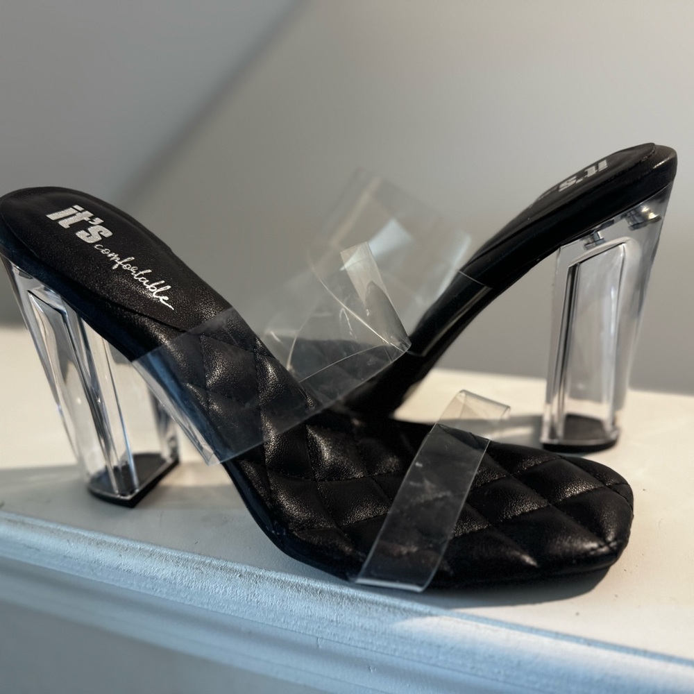 Elegant Black Quilted Heels with Transparent Straps